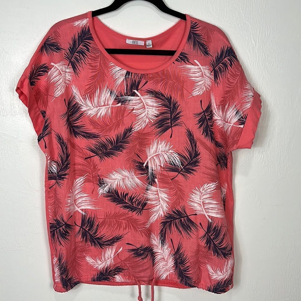 Kaktus Pink Feather Print Multi Media Linen Cotton Top Size S - Picture 2 of 9